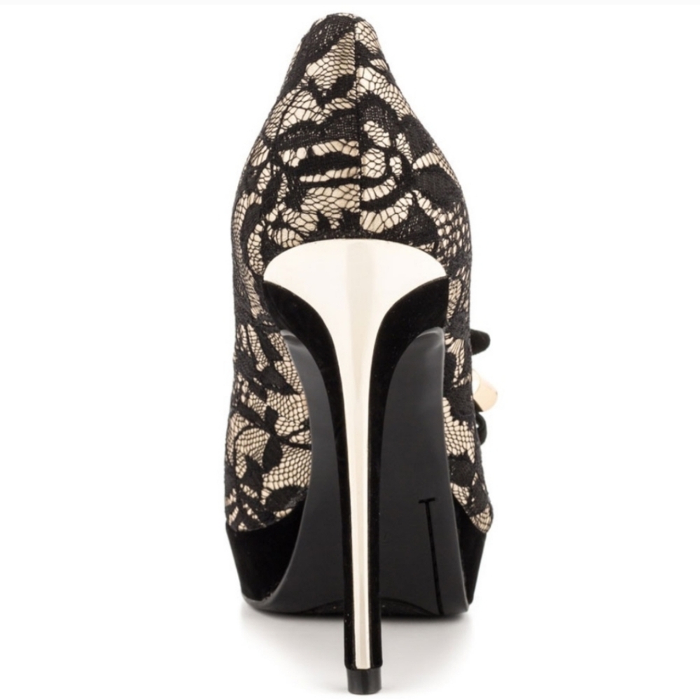 Guess Platform Peep Toe High Heel Pumps Black Lace Over Champagne Gold, 6.5M - Picture 10 of 15